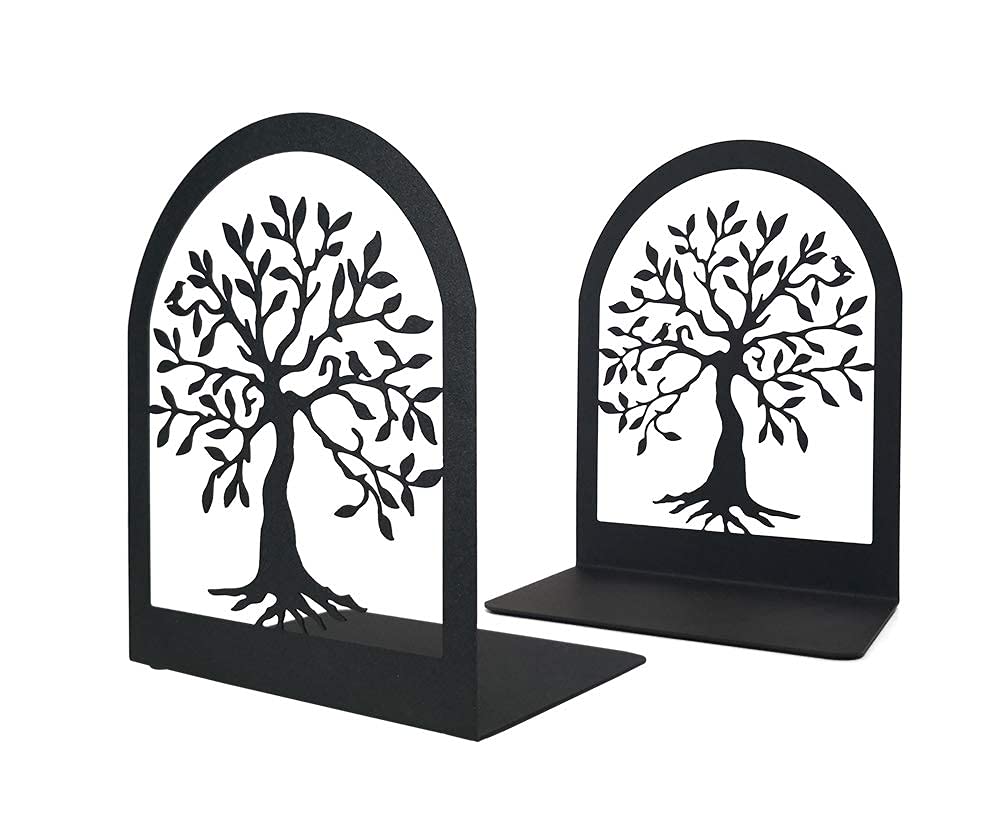 KASTWAVE Bookends, Tree of Life Decorative Book Ends, Heavy Duty Metal Bookends, Black Book Support for Shelves, Anti Scratch & Non-Skid School Library Book Organizer for Home Office Desk (1 Pair)