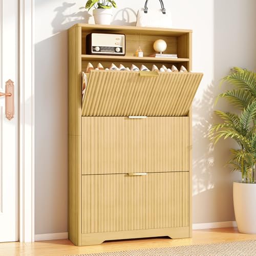 Image of Rovibek Shoe Storage Cabinet, Shoe Organizer for Entryway with 3 Flip Drawers, Mid-Century Wood Fluted Shoe Cabinet, Hidden Shoe Storage for Entryway with Rounded Corner Design,Natural