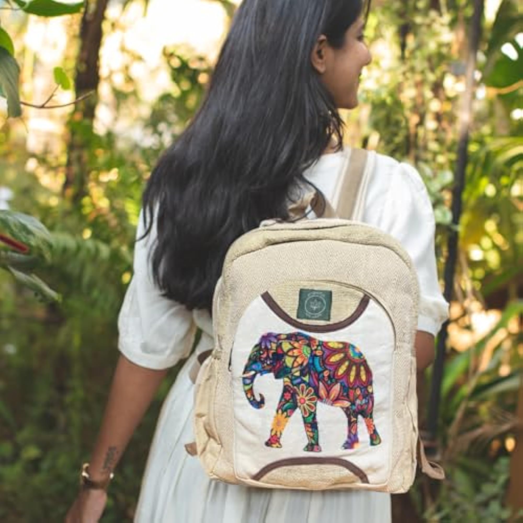 Cute Small Hemp Backpack with Floral Elephant Print