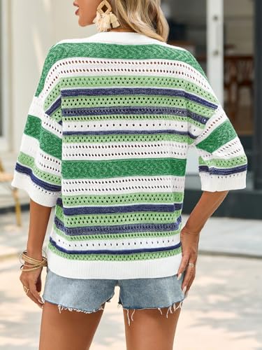 Image of Saodimallsu Womens Short Sleeve Sweaters V Neck Crochet Knit Striped Hollow Out Tops Beach Cruise Outfits