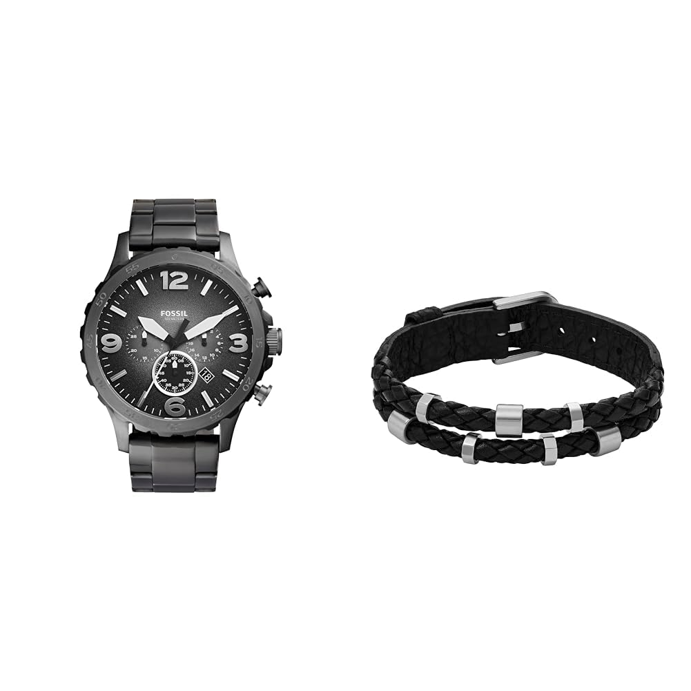 Fossil Herren Nate Graue Edelstahl Uhr und Bronson Silberfarbener Armband, Set
