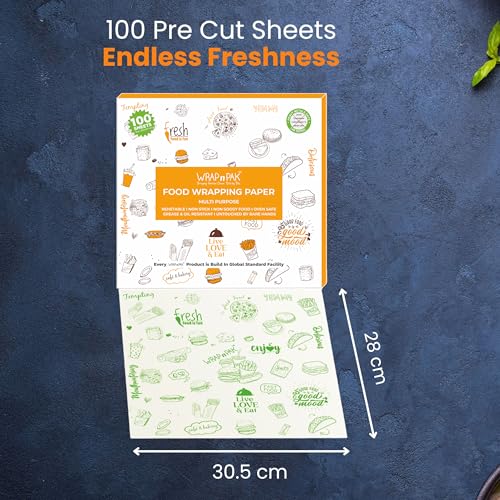 Image of Food Wrapping Paper Sheets (100 Sheets, 11x12 Inch, Twin Tone) | Food Grade, FDA Approved | Oil Resistant, Non-Soggy Parchment Paper | Ideal for Roti, Chapati, Burger, Pizza & Sandwich Wrapping