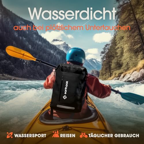 Earth Pak Summit Serie wasserdichter Rucksack, Backpack mit leistungsstarkem Reißverschluss und Rolltop, wasserfester Handyhülle Schwarz 35L