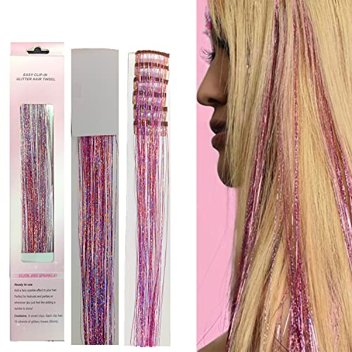 Extensiones de cabello brillo holográfico de 47" dorado resplandeciente, profesional, resistente al calor, accesorios para cabello, 6 piezas con clip, kit brillo rosa para fiestas y regalos para niñas miniatura 1