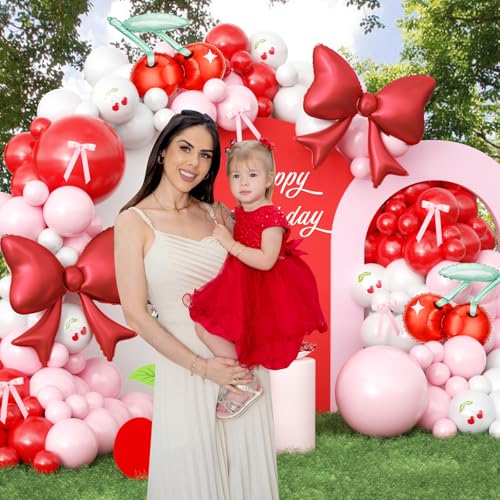 Image of JOGAMS Cherry Balloon Arch Garland Kit,172Pcs Cherry Party Decorations with Ribbon Cherry Bow Foil Balloons for Cherry On Top Baby Shower Birthday Bridal Shower Wedding Valentine's Galentine's Day