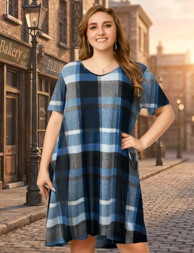 Image of OVERWORETY Womens Short Sleeve Plus Size T-Shirt Dress V Neck Casual Loose Swing A-Line Summer Tunic Dresses with Pockets
