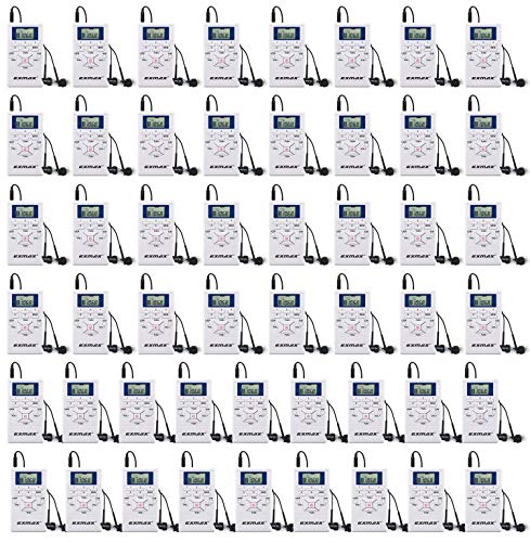 EXMAX E108 Wireless Portable Pocket DSP FM Stereo Radio Digital Receiver with Mini LCD Clock Earphone for Tour Guide System Teaching Meeting - 50 Pack (White)