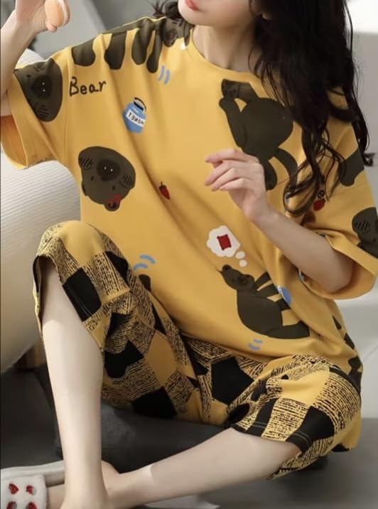 Image of Women Capri Pajama Set Korean Style Nightsuit Soft Breathable Top and Mid Length Pants Lightweight Loose Fit Nightwear Loungewear