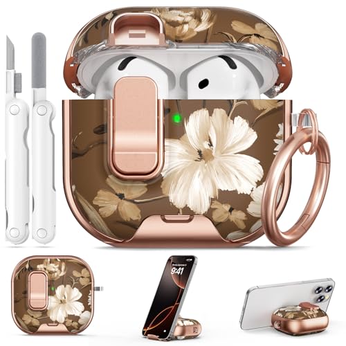 Image of for AirPod 4 Case, with Safty Lock & Phone Stand for Floral AirPod 4 Generation Case Cover for Women Girly, iPod 4 Cases with Keychain & Cleaner Kit -Brown +White Flower