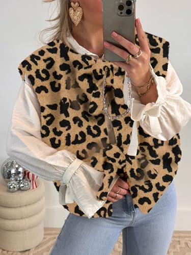 YEMOCILE Leopard Print Tie Front Fuzzy Fleece Vest for Women Oversized Sleeveless Sherpa Jacket Lightweight Warm Outerwear3