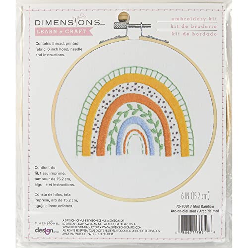 Image of Dimensions 72-76917 Mod Rainbow Embroidery Needlepoint Kit for Beginners, 6 inch D, Multicolor, 5pcs