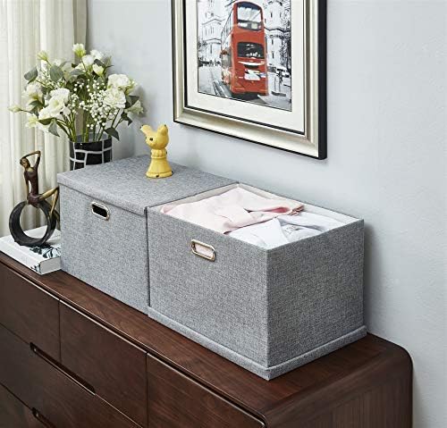 AlphaHome Extra Large Storage Box with Lid, Collapsible Linen Fabric Storage Baskets with Galvanized Metal Handles, Set of 2 (Glaucous Grey, 44x31x29cm))