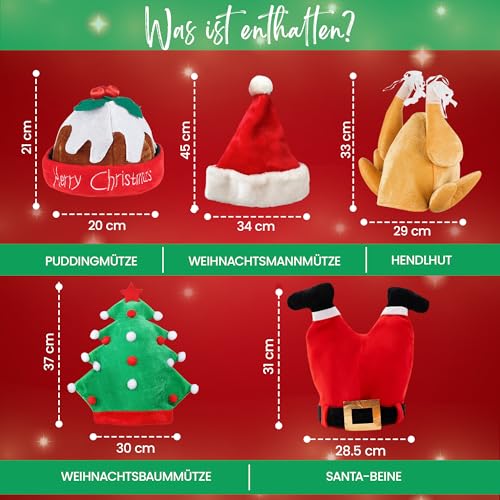 Weihnachtsmützen Erwachsene – 5 Stk. Lustige Hüte – Nikolausmütze, Hähnchen Hut, Weihnachtsmannbeine, Puddingmütze, gefüllter Truthahnhut, Weihnachtsmütze – Witzige Kostüme und Lustige Mützen im Set