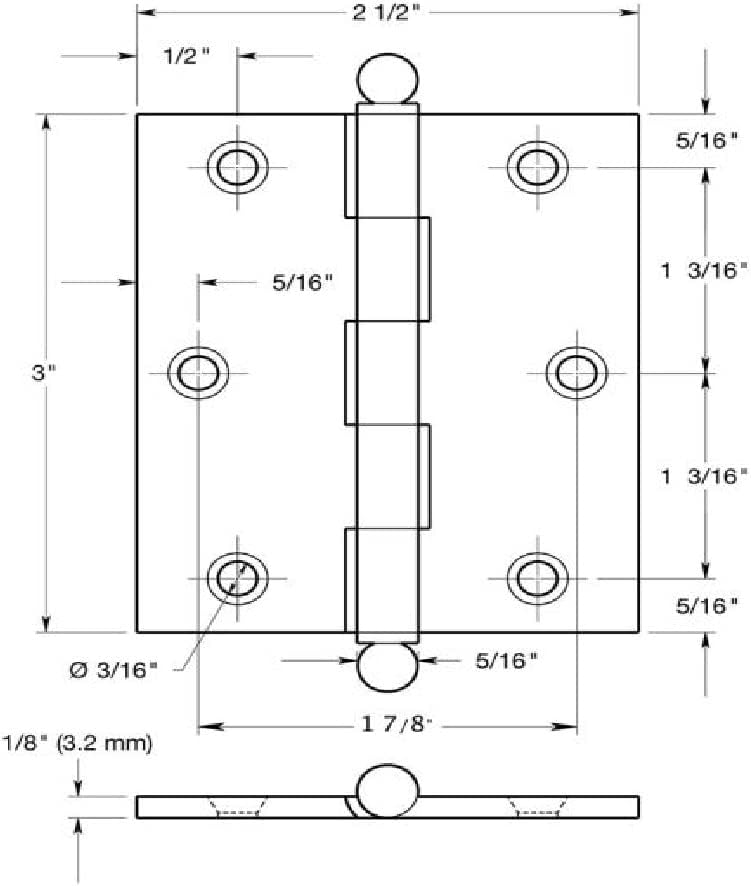 Deltana CH3025U3-UNL 3" x 2-1/2" Hinge; with Ball Tips; Unlacquered Bright Brass Finish