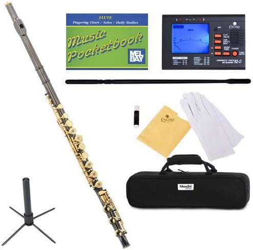 Mendini MFE-380BNG Intermediate Open/Closed-Hole Black Nickel Plated C Flute w/ B Foot Joint + 1 Yr Warranty, Case, Chromatic Tuner w/ Metronome, Stand, Pocketbook, Cleaning Rod & Cloth, Joint Grease, & a Pair of Gloves