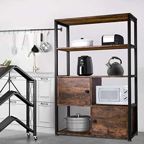 Becko US Bookshelf with 2 Cabinets Vintage Industrial Display Bookcase with Doors Storage Rack Shelves for Living Room Office Entryway Hallway (Rustic Brown)