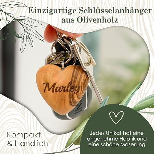 OLIQUE Schlüsselanhänger personalisiert, Olivenholz - Handgemachter Anhänger mit Gravur als individuelles Geschenk (Herz 3D)