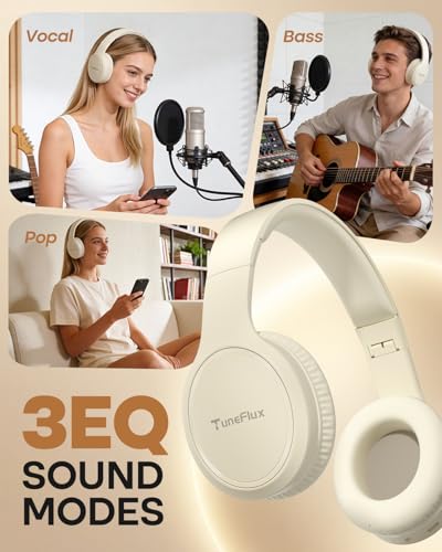 Image of TuneFlux Bluetooth Headphones,70H Playtime Bluetooth 6.0 Wireless Headphones,3 EQ Music Modes Foldable Lightweight Over Ear Headset with Clear Call,HiFi Deep Bass for Home Office Travel (Beige)
