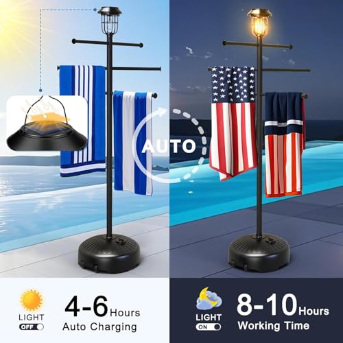 160 cm Solar Light Pool Towel Rail Outdoor for Outdoor Use, Towel Rail Standing with Wheels, 6 Adjustable Bars Accessories, Towel Holder for Pool, Hot Tub - Image 4