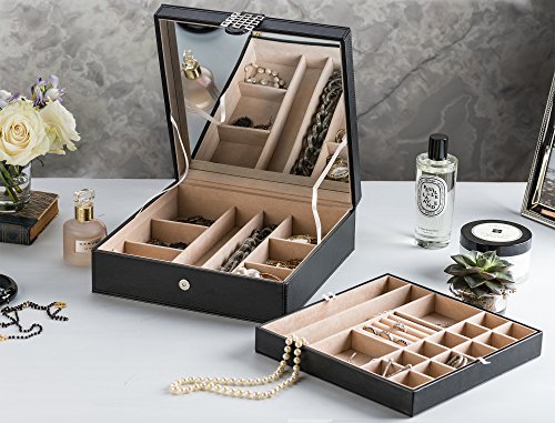 Glenor Co 28 Section Jewelry Box - 2 Layer - Buckle Snap & Magnet Closure - Large Mirror - Leather Design - Black - Jewelry Organizer For Women & Girls - Holder For Earring Ring Necklace & Bracelet #TOP3