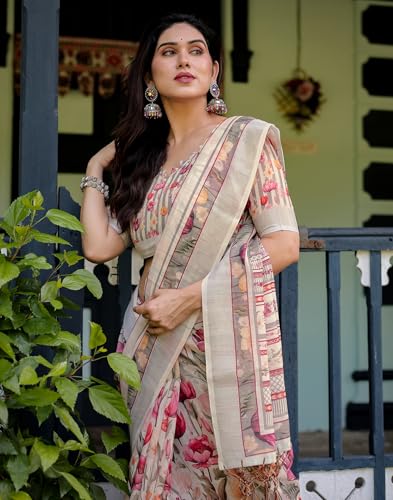 Image of SIRIL Women's Cotton Linen Printed Saree with Unstitched Blouse Piece