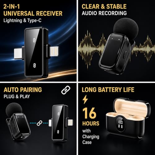 Image of 2-in-1 Wireless Microphone with Type-C & Lightning Receiver, Noise Reduction, Auto Pairing, LED Case Display, Long Battery for iPhone & Android