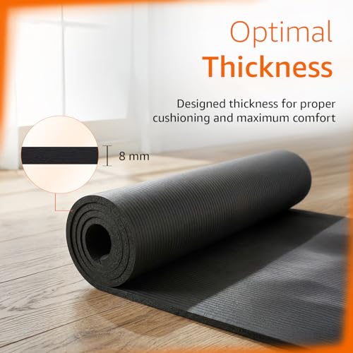 Image of Amazon Basics NBR Yoga & Exercise Mat with Carrying Strap | 8 mm Thick Cushioned Support | Non-Slip Textured Surface | Durable Foam Rubber Material | Floor Protection | Ideal for Yoga, Pilates & Home Workouts | 183 x 61 cm | Black