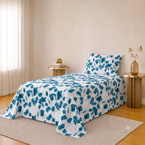 Image of IVAZA 220 TC Soft Ezyption Cotton Floral Single Bed Sheet - Single bedsheet with 1 Pillow Cover Hypoallergenic, Brethable, (Size- 90 x 60 Inch White Blue Leaf
