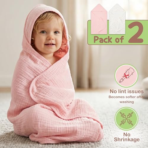Image of 100% Organic Cotton Muslin Baby Hooded Towel, 32x32 in, Blush & Ivory Floral, 2 Pack, Soft Absorbent 4-Layer Hooded Bath Towel for Baby Girls, Newborns & Toddlers, Oeko-TEX