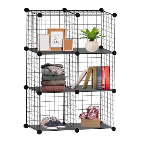 Knight 6 Cube Interlocking Storage Rack | Metal Wire Mesh Shelves | Metal Wire Fence| Combination Display Stand Unit | Large Capacity | Free Rubber Mallet | 62 x 31 x 93 cm | Black