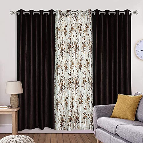 Image of 6 Feet Polyester Floral Light Filtering Window Curtains for Bedroom, Living Room & Hall, Eyelet Top, Coffee Print & Solid Plain Curtain Set of 3