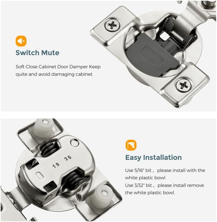HOME EDIT 20 Pack 10 Pairs 1/2 inch Overlay Soft Close Cabinet Hinges for Kitchen, Stainless Steel Three-Way Adjustable, Concealed Self-Closing Door Hinges