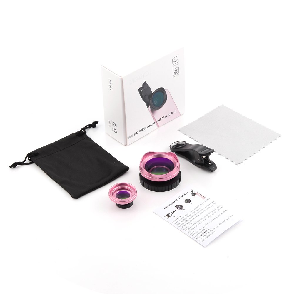 Cell Phone Camera Lens Kit, Vorida 0.6X Supper Wide Angle Lens 15X Macro Lens for iPhone X/8/ 7/7 Plus /6/6 Plus/6S/6S Plus ipad Samsung Most Smartphones, Pink