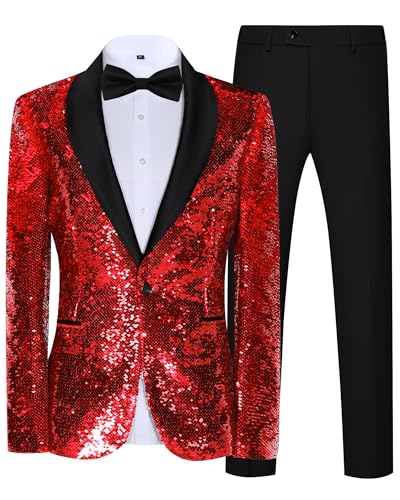 Elionm Red Suits for Mens Sequin Suit Slim Fit 2 Piece Shiny Prom Christmas Tuxedos Suit Set Men's Party Dress Suits Homecoming Outfit M