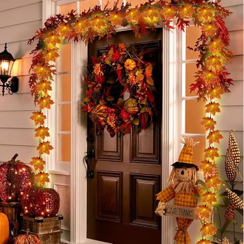 Image of GOOTHY Fall Decor Orange Maple Leaf String Lights Plug in, 13.6Ft LED Outdoor Thanksgiving Decorations Lights with 35 Maple Leaves Light, Hanging Halloween Leaves Light for Outdoor Fall Party Window