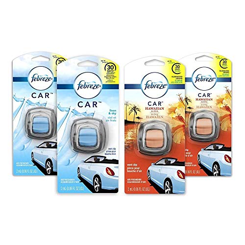 Image of Febreze Car Air Fresheners, 2 Linen & Sky and 2 Hawaiian Aloha Scents, Odor Eliminator for Strong Odors (4 Count)