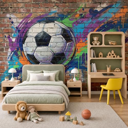 Papier peint panoramique football 250x175cm style graffiti de rue briques rouges pour salon - 2