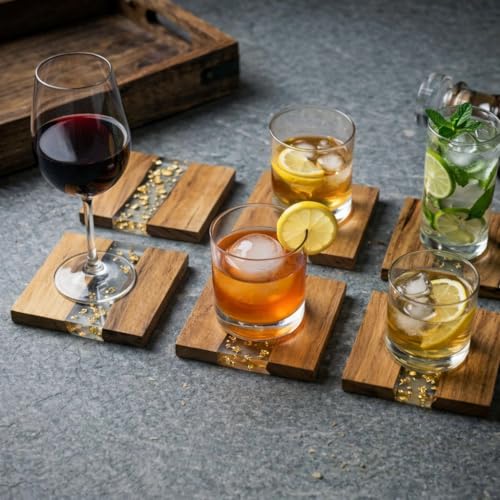 Image of Coaster Set of 4 for Dining Table with Holder (Golden Elegance with Holder)