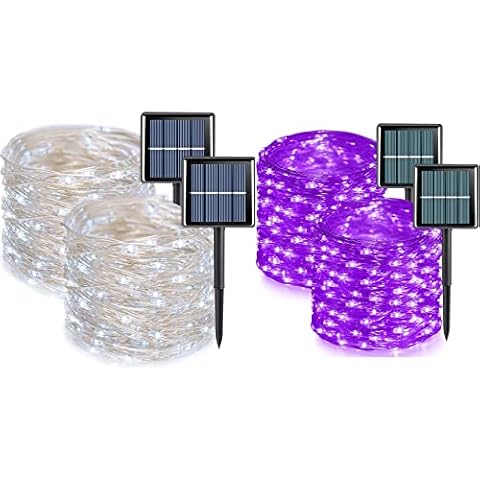 QITONG White and Purple Solar Fairy Lights Outdoor Waterproof, 4 Pack Each 66ft 200 LED Solar String Lights, 8 Modes Silver Wire Solar Twinkle Lights for Garden Yard Patio Fence Decoration Cover