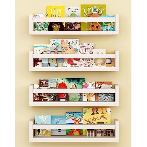 Onlysky Set of 4 Wall-Mounted Kid’s Bookshelf – White Floating Nursery Book Shelves – Durable Wood Construction – Ideal for Nursery Decor, Kids Room, Toy Storage