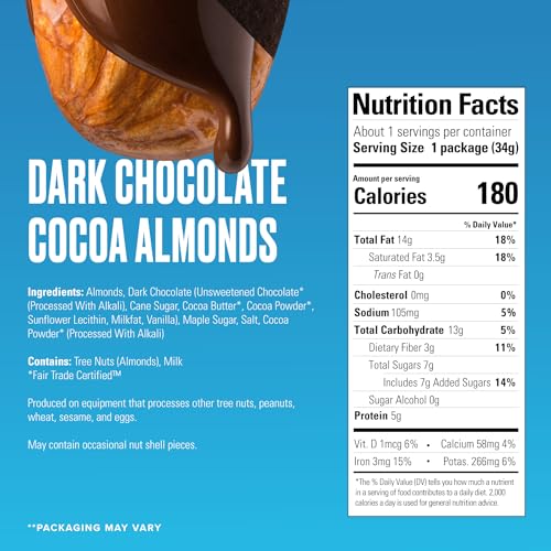 Image of SkinnyDipped Dark Chocolate Cocoa Almonds, 1.2oz Bags | 15 Pack | Crunchy Whole Almonds Thinly Dipped in Chocolate | Gluten Free | Plant Protein Snack Packs
