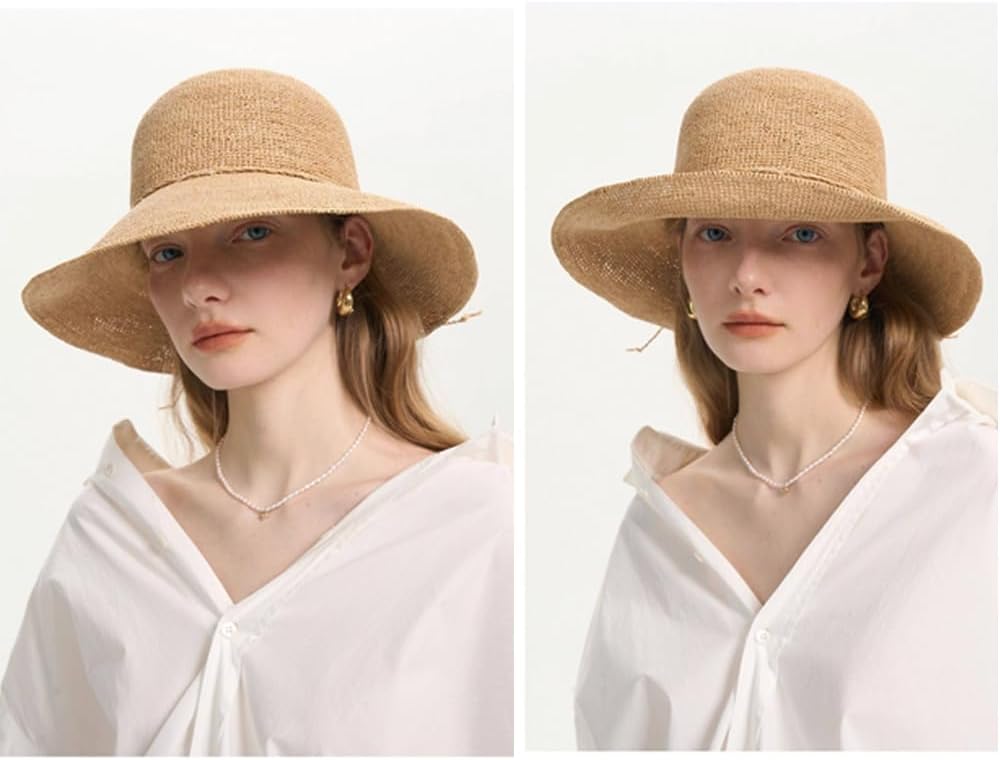 Women's Raffia Straw Hat Summer Beach Bucket Hat Handmade Natural Raffia Woven Sun Hats Foldable Floppy Cap