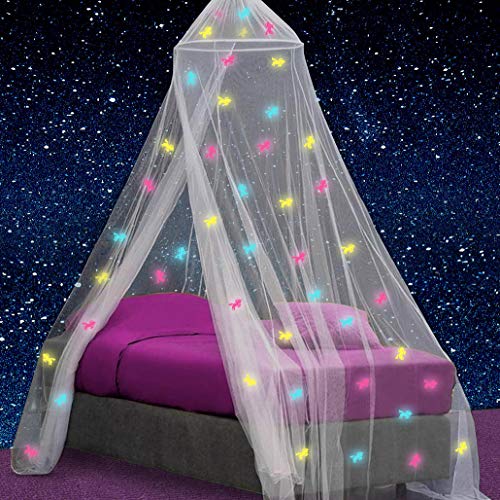 Image of UB-STORE Canopy for Girls Bed with Pre-Glued Glow in The Dark Unicorns - Princess Mosquito Net Room Decor - Kids & Baby Bedroom Tent with Galaxy Lights - 1 Opening Canopy Bed & Hanging Kit Included