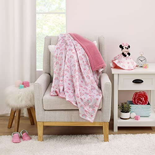 Image of Disney Minnie Mouse White, Pink, and Aqua Rainbows and Hearts Super Soft Sherpa Baby Blanket and Security Blanket 2-Piece Set