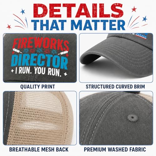 Image of 4th of July 250th Anniversary Dad Hats - Just Here for the Fireworks, Fireworks Director - Patriotic Baseball Cap