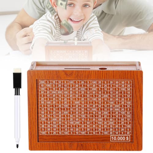 Cash Vault Wooden Savings Box, 2024 New Retro Money Box Storage Box Wooden Cash Saver Money Box, Money Saving Box Wooden Money Box with Money Target and Numbers (10000 Light Brown)