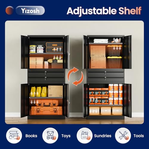 Image of Yizosh Metal Garage Storage Cabinet with Locking Doors and Adjustable Shelves, 71 inch Tool Storage Cabinet with 2 Drawer for Garage,Warehouse