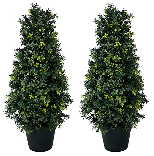 Two Artificial UV Rated 30" Boxwood Cone Topiary w/Pot, Silk Tree Warehouse Indoor Outdoor Tree Bush Ball Plant Evergreen Pine