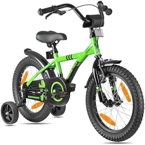 PROMETHEUS BICYCLES Kinderfahrrad 16 Zoll ab 5 Jahren - Kinder Fahrrad Mädchen Jungen Fahrrad Kinder mit Stützräder Rücktrittbremse in Grün Schwarz