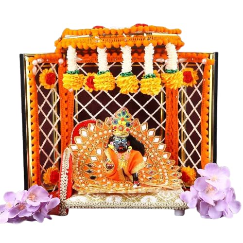 SATVIK STORESATVIK 1 Pc Laduu Gopal Phool Bangla Pujan Flower Backdrop Asan Lord Krishna Kishan Thakurji God Sculpture Murti Idol Statue Diwali Floral Stand Housewarming Return Gifts Item (Orange)